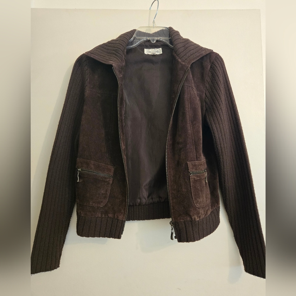 Live a Little Dark Brown Suede & Knit Zip Jacket. Medium Fitted.